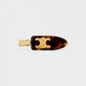 Accessoires Pour Cheveux Celine Triomphe Plates Hair Clip In Dark Havana Acetate And Brass With Gold Finish And Steel Doré | CL-592322