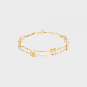 Bracelets Celine Triomphe Pearl Double In Brass With Gold Finish And Resin Pearls Doré Blanche | CL-592236