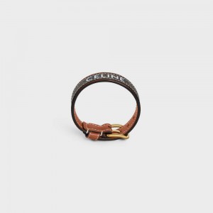 Bracelets Celine Triomphe Tela Cuir In Brass With Gold Finish Doré Marron | CL-592219