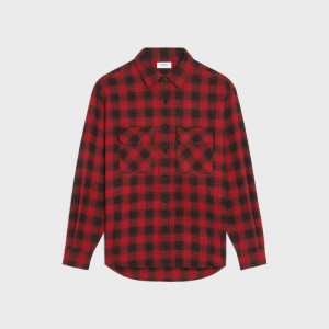 Chemises Celine Loose In Checked Laine Rouge Noir | CL-592158