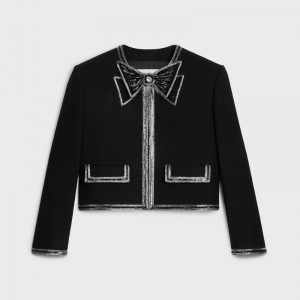 Knitwear Celine Embroidered Cardigan In Laine Cloth Noir | CL-592081