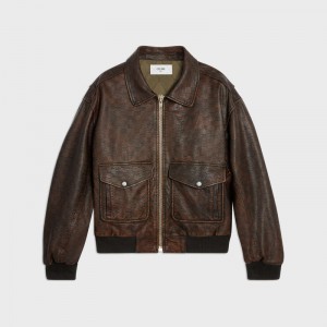 Leather Celine Aviator Blouson In Embossed Marron Foncé | CL-591928