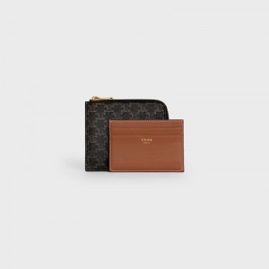 Porte-Carte Celine Zipped Purse With Removable In Triomphe Tela And Marron | CL-591812