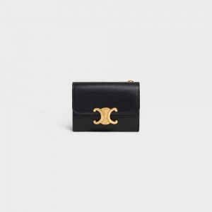 Portefeuilles Celine Compact With Coin Triomphe In Shiny Calfskin Noir | CL-592979