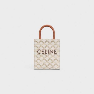 Triomphe Canvas Celine Mini Vertical Cabas In And Calfskin With Print Blanche | CL-593136