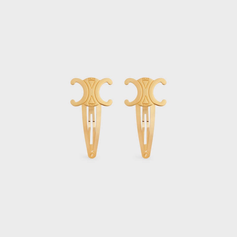 Accessoires Pour Cheveux Celine Hair Accessories Set Of 2 Triomphe Snap Hair Clips In Brass With Gold Finish And Steel Doré | CL-592316