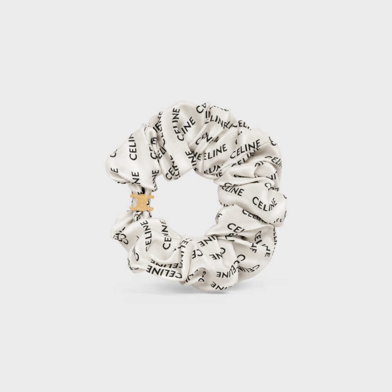 Accessoires Pour Cheveux Celine Scrunchy Rayure In Brass With Gold Finish And Silk Doré Blanche | CL-592328