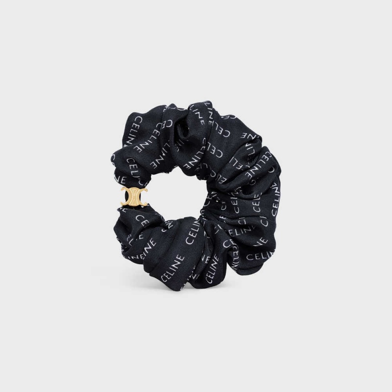 Accessoires Pour Cheveux Celine Scrunchy Rayure In Brass With Gold Finish And Silk Doré Noir | CL-592325
