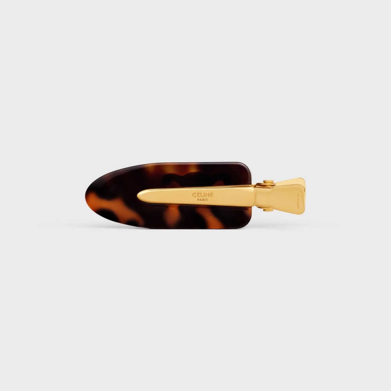 Accessoires Pour Cheveux Celine Triomphe Plates Hair Clip In Dark Havana Acetate And Brass With Gold Finish And Steel Doré | CL-592322