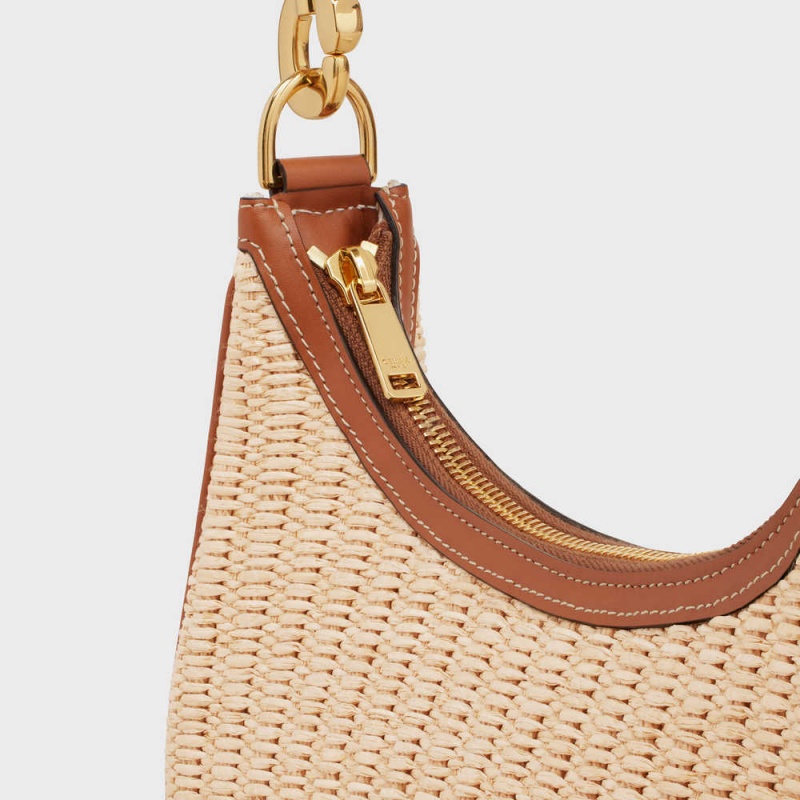 Ava Celine Mediumstrap Bag In Raffia Effect Textile And Calfskin Beige Marron | CL-593100