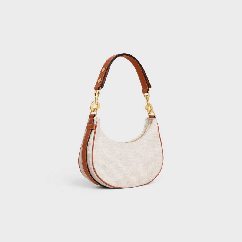 Ava Celine Mediumstrap Bag In Textile With Triomphe Crochet Embroidery Beige Marron | CL-593101