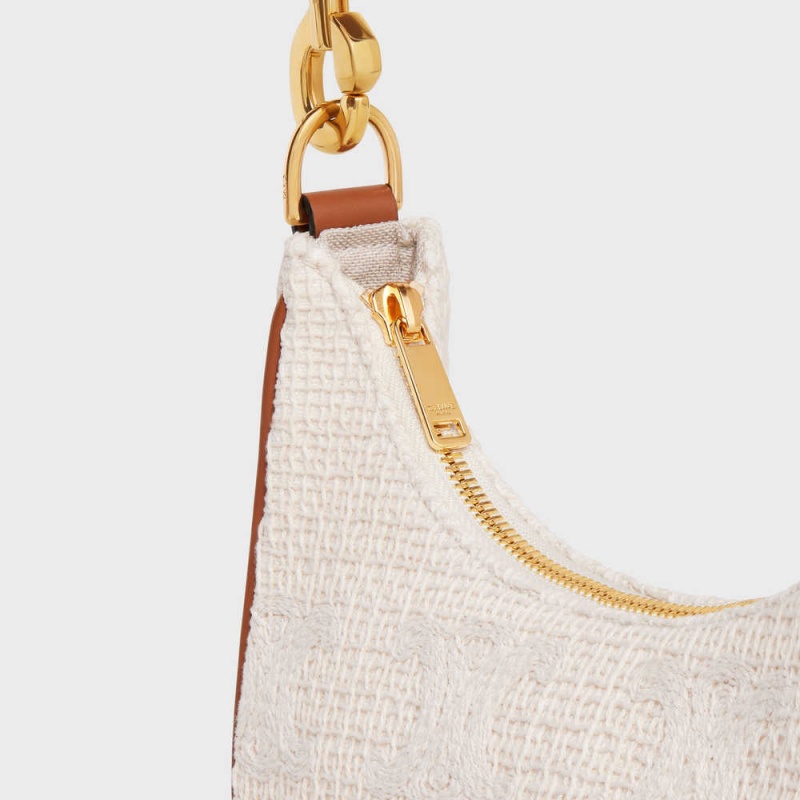 Ava Celine Mediumstrap Bag In Textile With Triomphe Crochet Embroidery Beige Marron | CL-593101