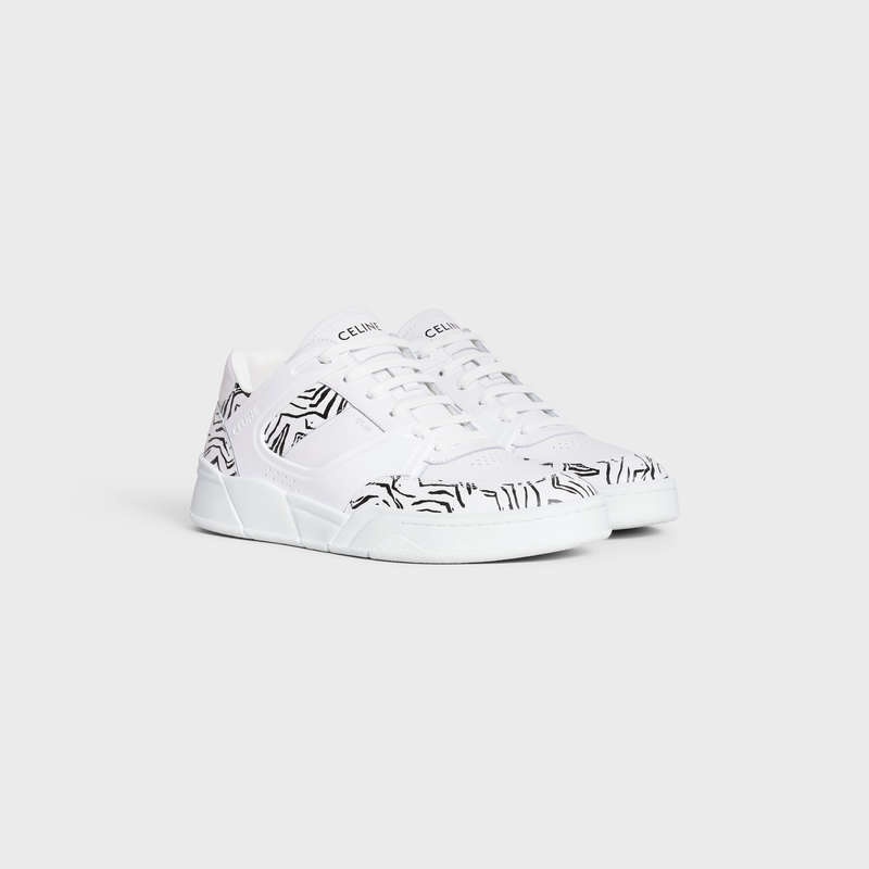 Basket Celine C07 Trainer Low Dentelle-up In Calfskin & Zebra Stamped Calfskin Blanche Noir | CL-591899