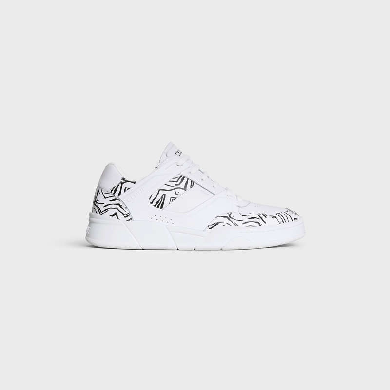 Basket Celine C07 Trainer Low Dentelle-up In Calfskin & Zebra Stamped Calfskin Blanche Noir | CL-591899