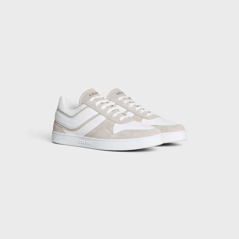 Basket Celine Trainer Low Dentelle-up In Daim Calfskin And Calfskin Beige Clair Blanche | CL-591902