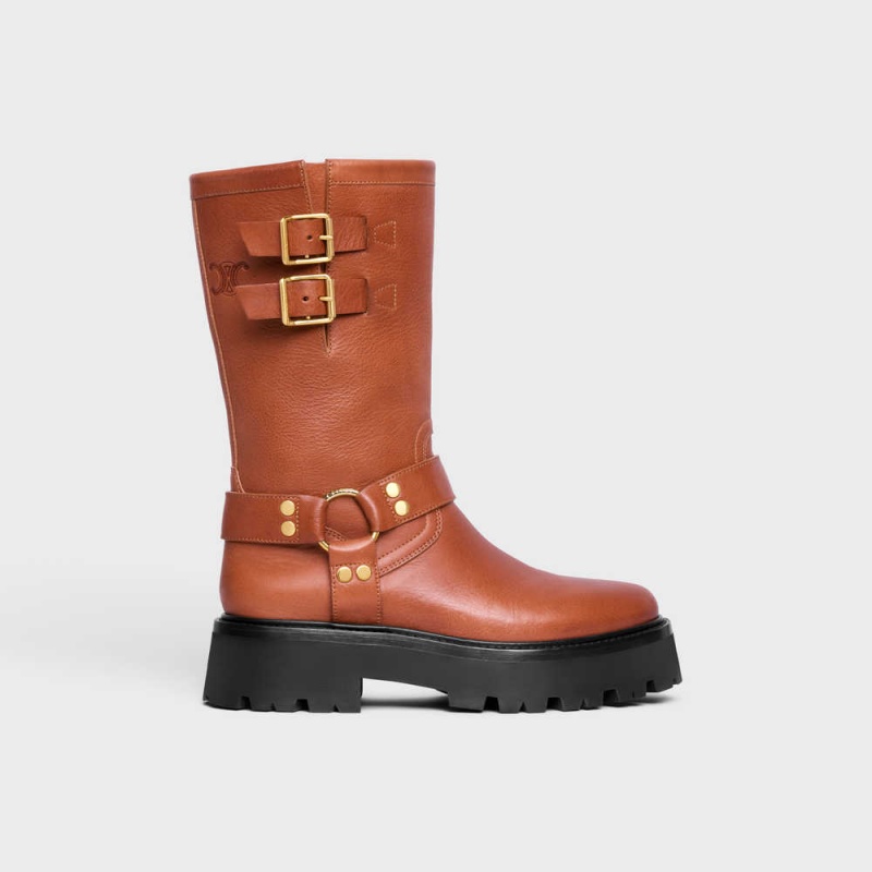 Botte Celine Bulky Mid Vélo With Harness In Calfskin Marron | CL-592503