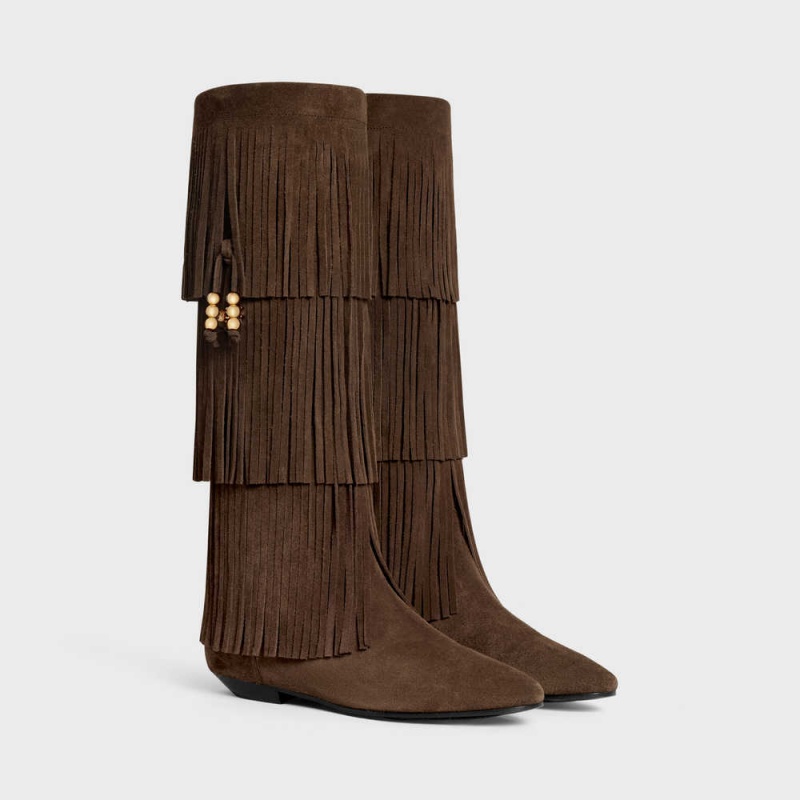 Botte Celine Irina High With Fringes & Embellished Tassels In Daim Calfskin Marron Foncé | CL-592519