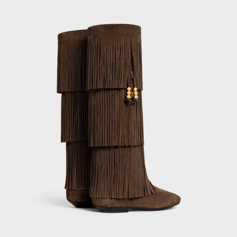 Botte Celine Irina High With Fringes & Embellished Tassels In Daim Calfskin Marron Foncé | CL-592519