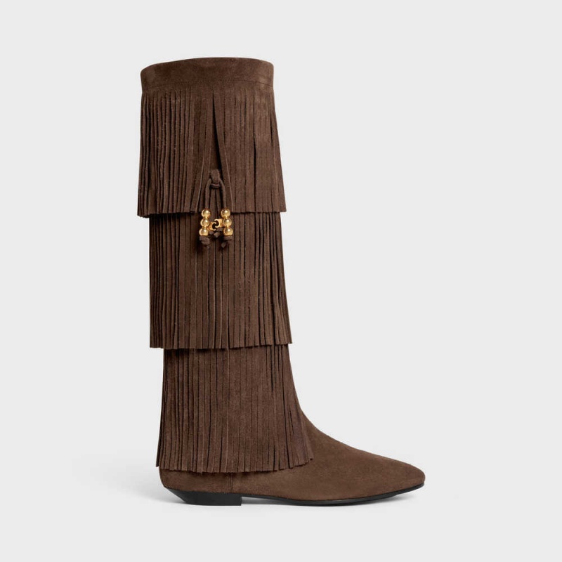 Botte Celine Irina High With Fringes & Embellished Tassels In Daim Calfskin Marron Foncé | CL-592519