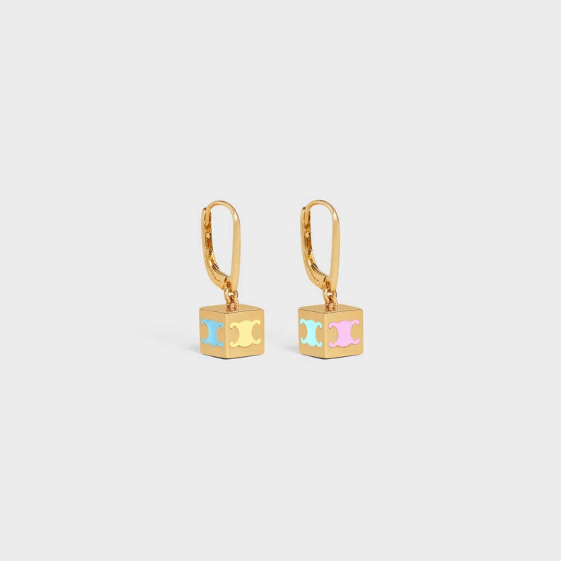 Boucles d'Oreilles Celine Triomphe Cube In Brass With Gold Finish And Colored Enamel Doré | CL-592304