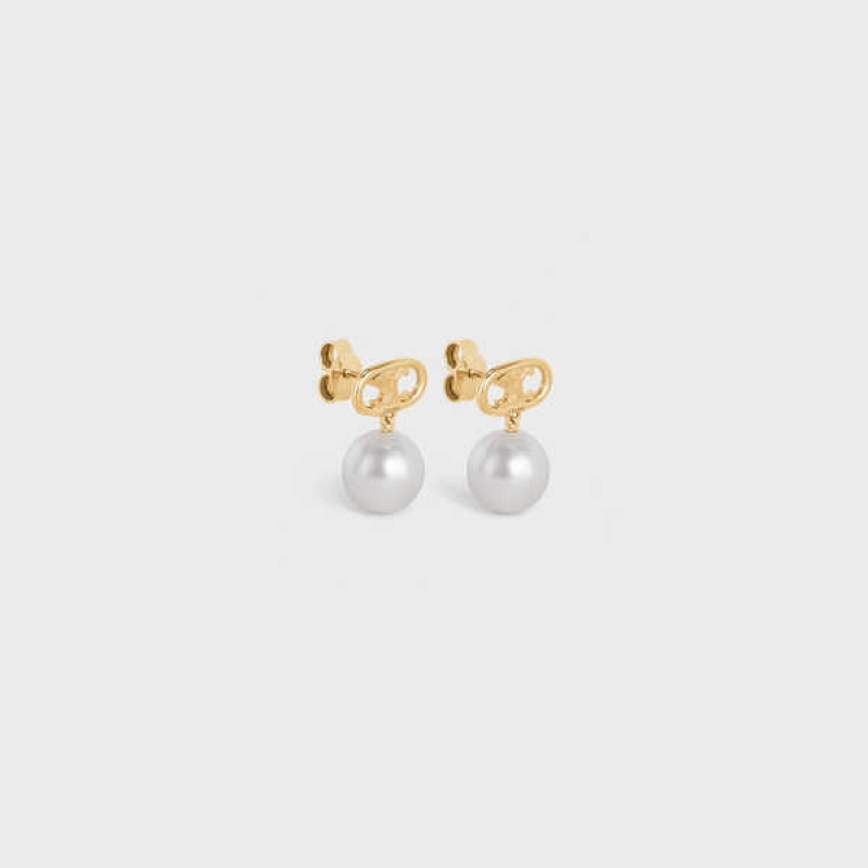 Boucles d'Oreilles Celine Triomphe Pearl In Brass With Gold Finish And Glass Pearls Doré Blanche | CL-592298