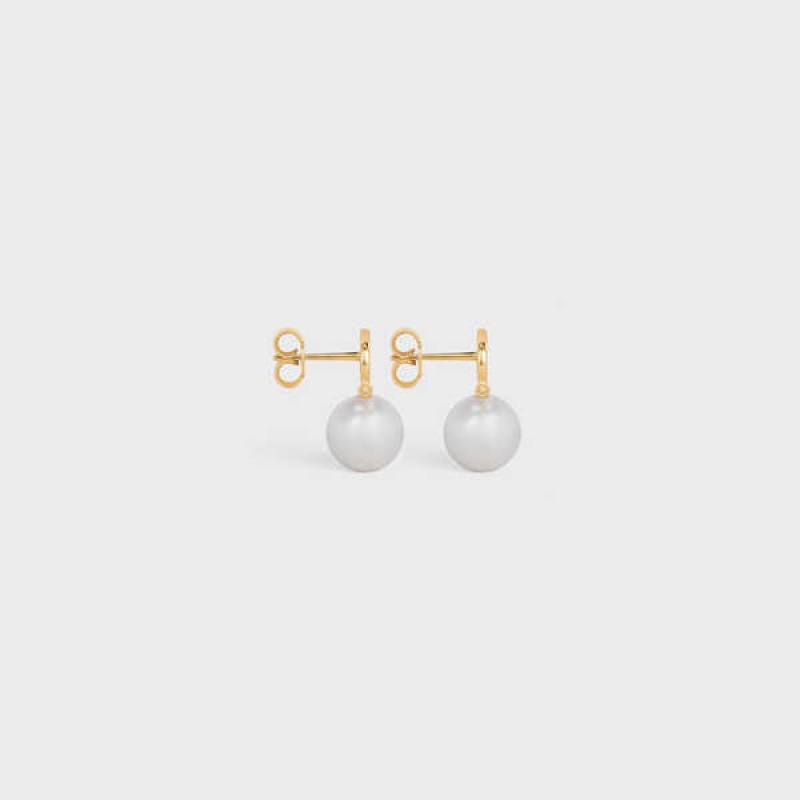 Boucles d'Oreilles Celine Triomphe Pearl In Brass With Gold Finish And Glass Pearls Doré Blanche | CL-592298