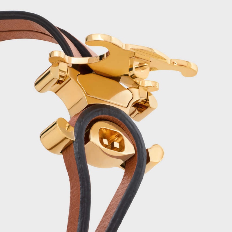 Bracelets Celine Triomphe Clasp In Brass With Gold Finish And Tan Smooth Calfskin Doré Marron | CL-592205