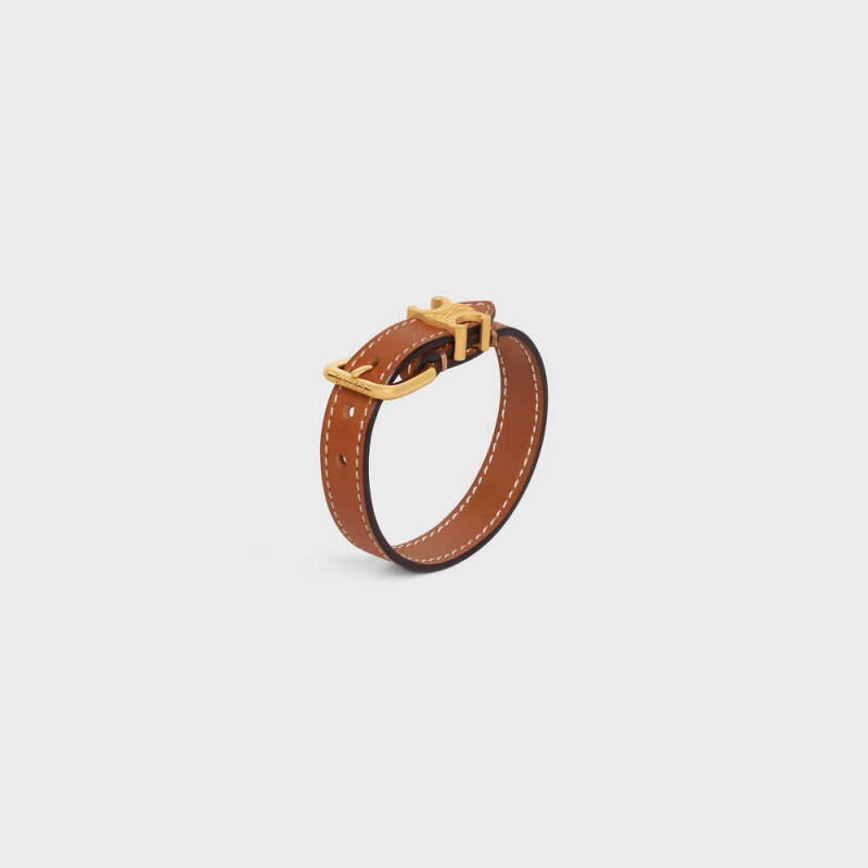 Bracelets Celine Triomphe Cuir In Brass With Gold Finish And Calfskin Doré Marron | CL-592221