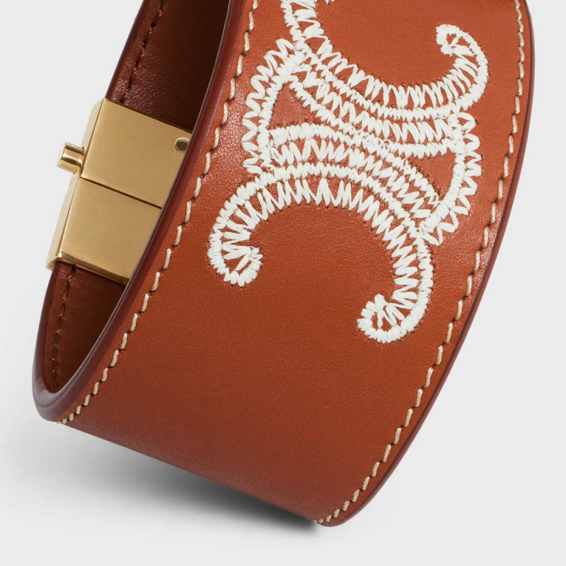 Bracelets Celine Triomphe Embroidered Cuir In Brass With Gold Finish And Calfskin Marron | CL-592203