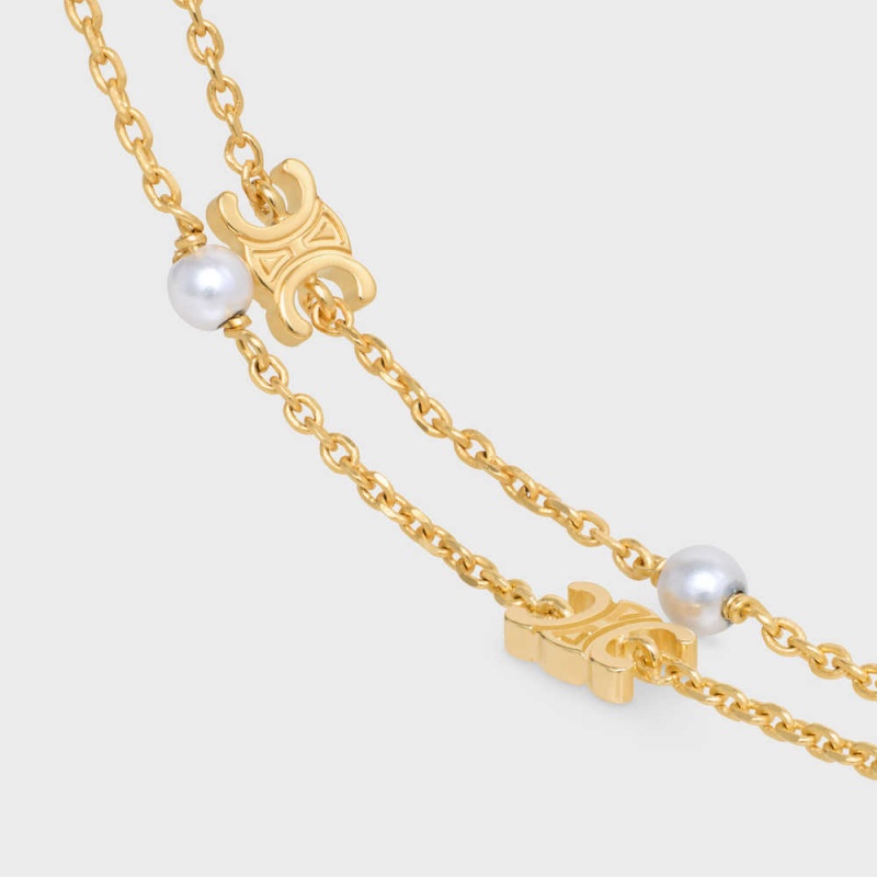 Bracelets Celine Triomphe Pearl Double In Brass With Gold Finish And Resin Pearls Doré Blanche | CL-592236