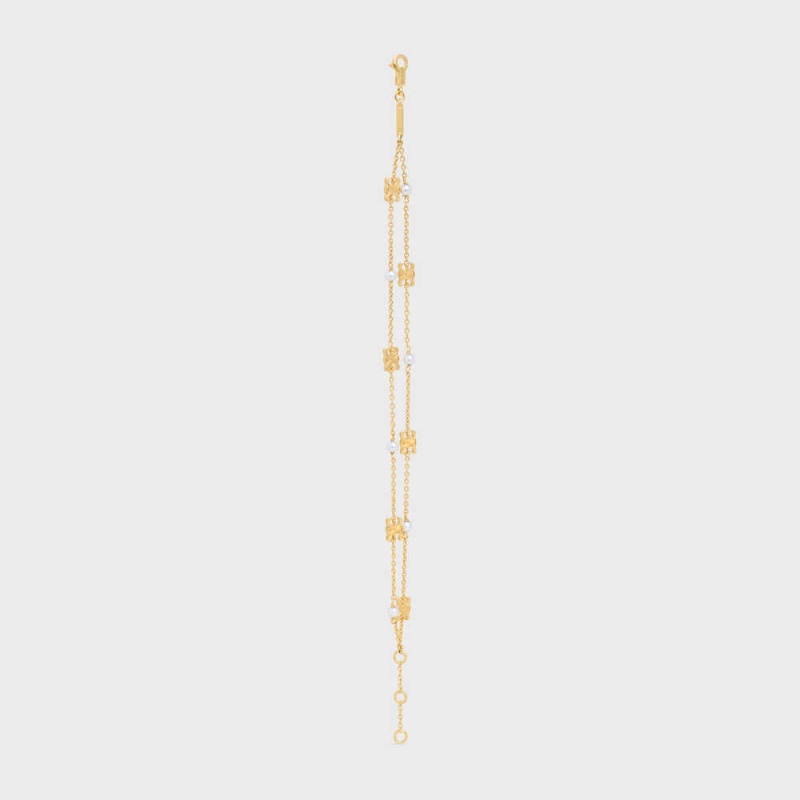 Bracelets Celine Triomphe Pearl Double In Brass With Gold Finish And Resin Pearls Doré Blanche | CL-592236