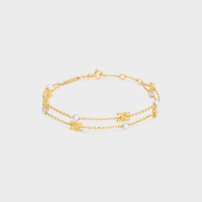 Bracelets Celine Triomphe Pearl Double In Brass With Gold Finish And Resin Pearls Doré Blanche | CL-592236