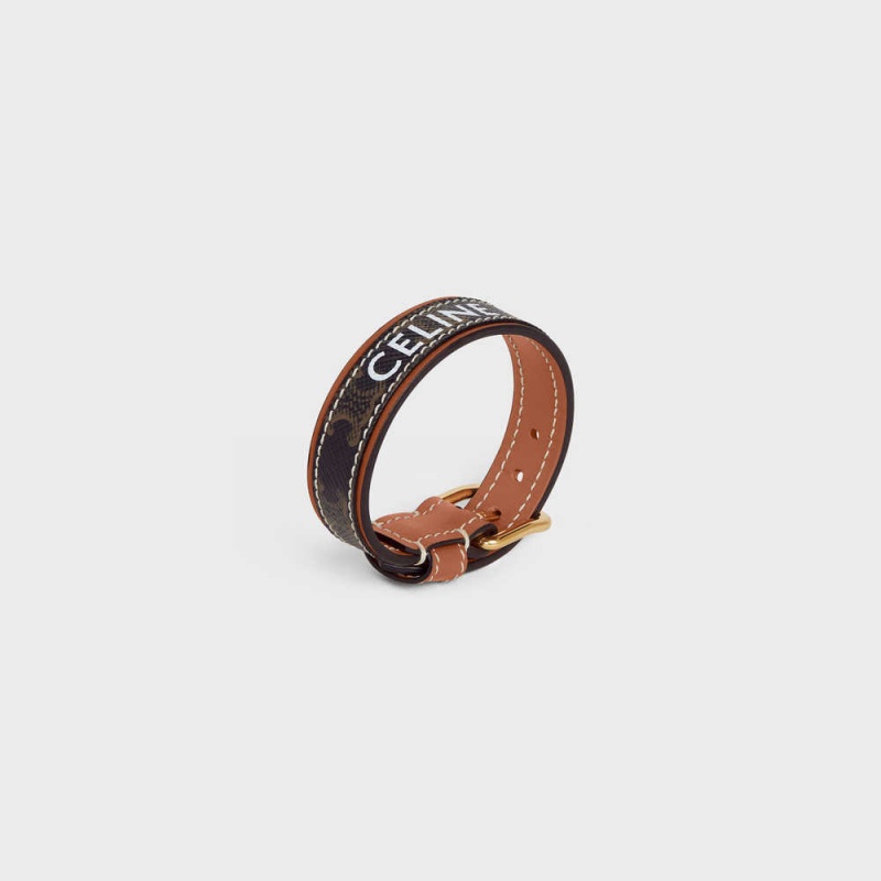 Bracelets Celine Triomphe Tela Cuir In Brass With Gold Finish Doré Marron | CL-592219