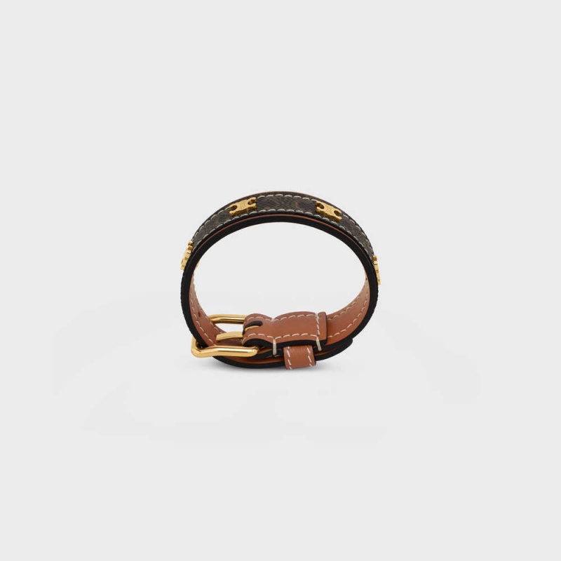 Bracelets Celine Triomphe Tela Triomphe Cuir In Brass With Gold Finish Doré Marron | CL-592222