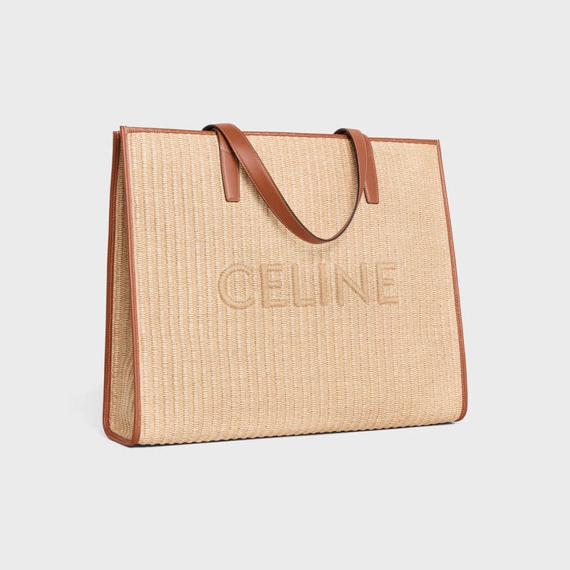 Cabas Celine Large In Raffia Effect Textile With Celine Embroidery Beige Marron | CL-591831