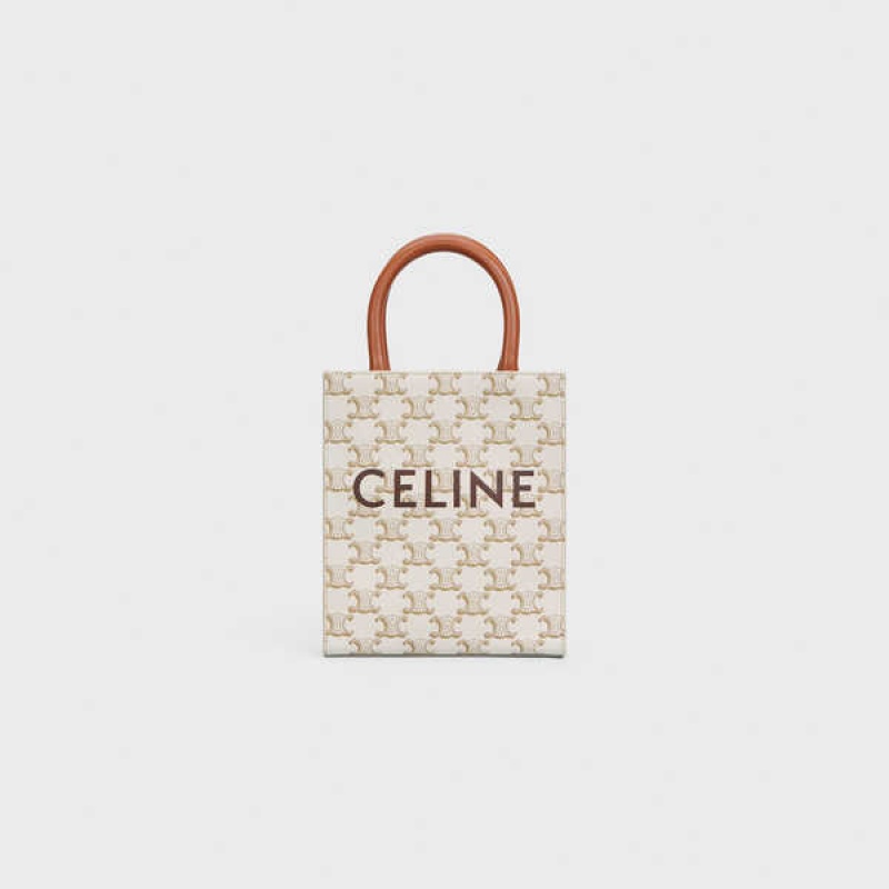 Cabas Celine Mini Vertical In Triomphe Tela And Calfskin With Print Blanche | CL-593086