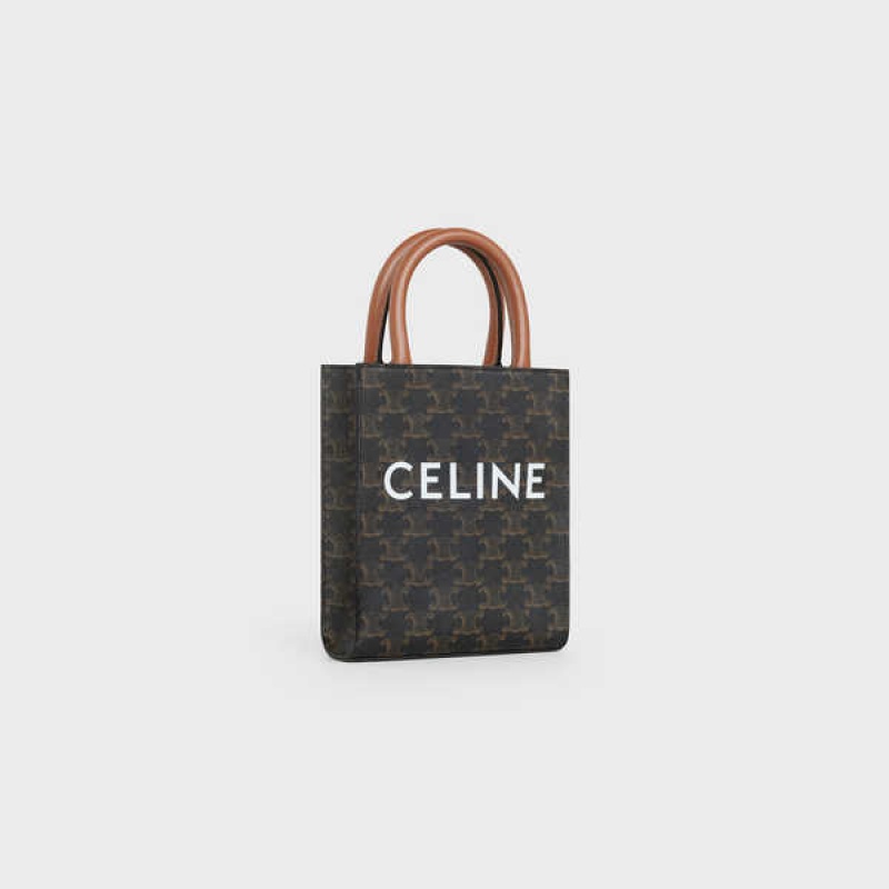 Cabas Celine Mini Vertical In Triomphe Tela And Calfskin With Print Marron | CL-593085