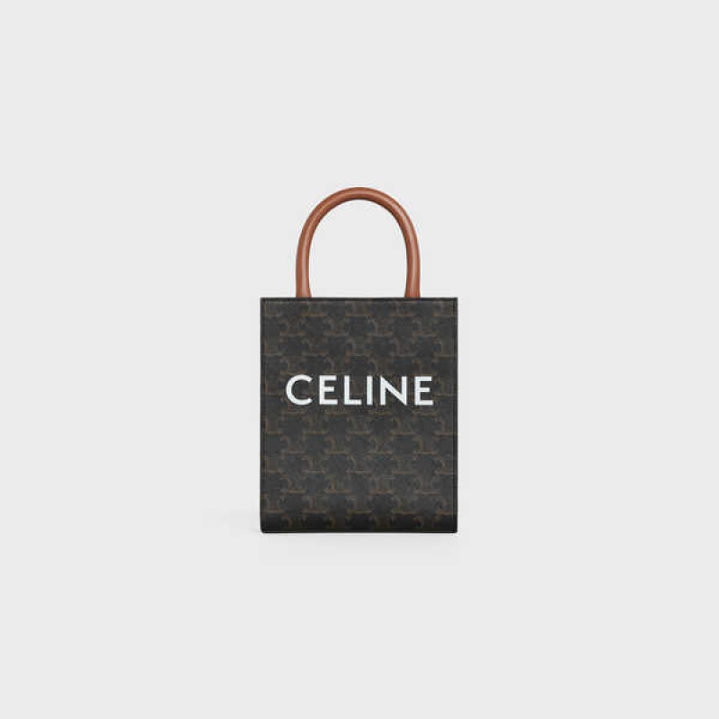 Cabas Celine Mini Vertical In Triomphe Tela And Calfskin With Print Marron | CL-593085