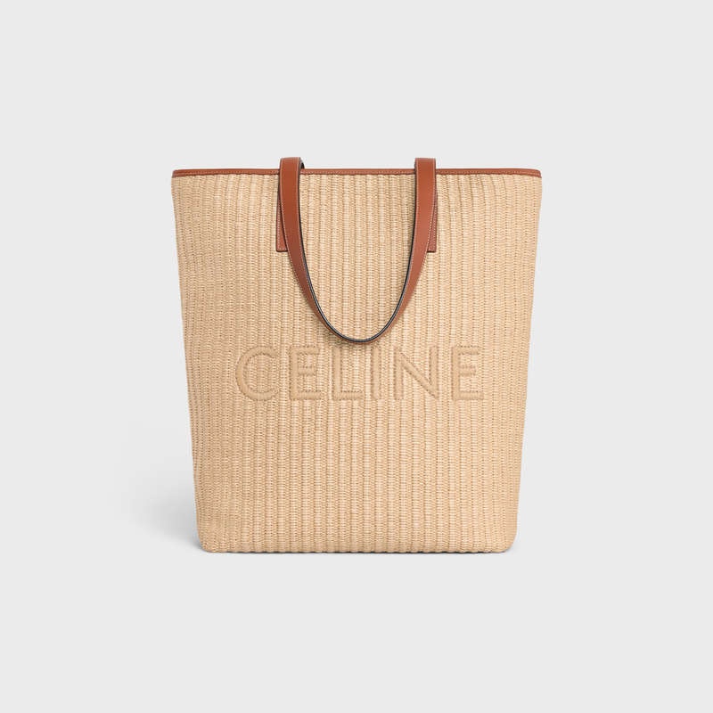 Cabas Celine Museum Bag In Raffia Effect Textile With Celine Embroidery Beige Marron | CL-591835