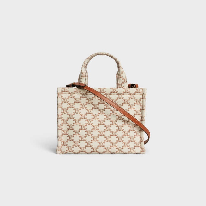 Cabas Celine Small Thais In Textile With Triomphe Tela Print And Calfskin Blanche | CL-593077