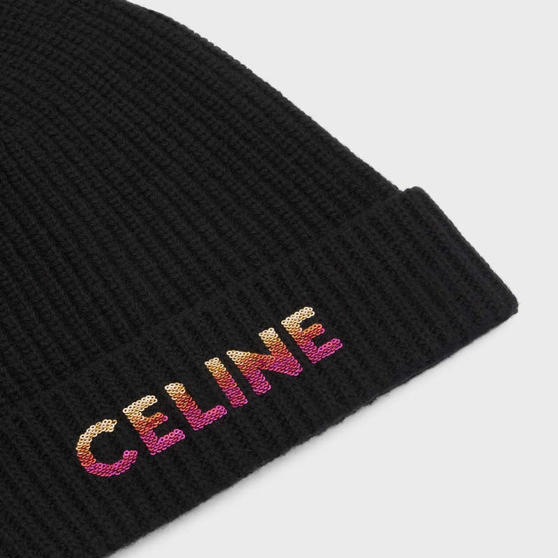 Chapeau Celine Embroidered Beanie In Nervuré Laine Noir | CL-591718