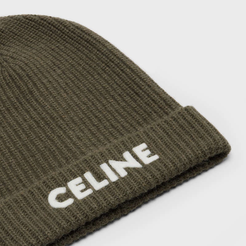 Chapeau Celine Embroidered Beanie In Nervuré Felted Laine Kaki | CL-591716