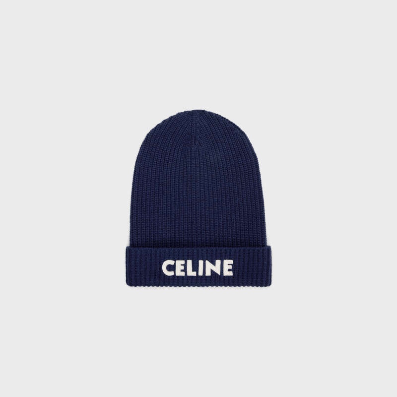 Chapeau Celine Embroidered Beanie In Nervuré Felted Laine Bleu Marine | CL-591715