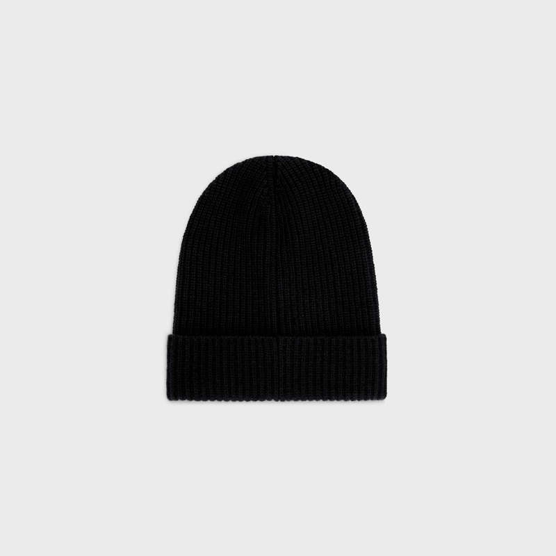 Chapeau Celine Initial Beanie In Nervuré Laine Noir | CL-591713