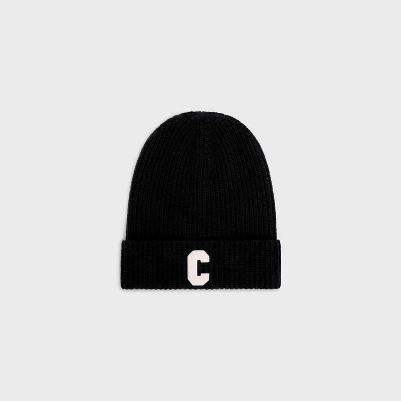 Chapeau Celine Initial Beanie In Nervuré Laine Noir | CL-591713