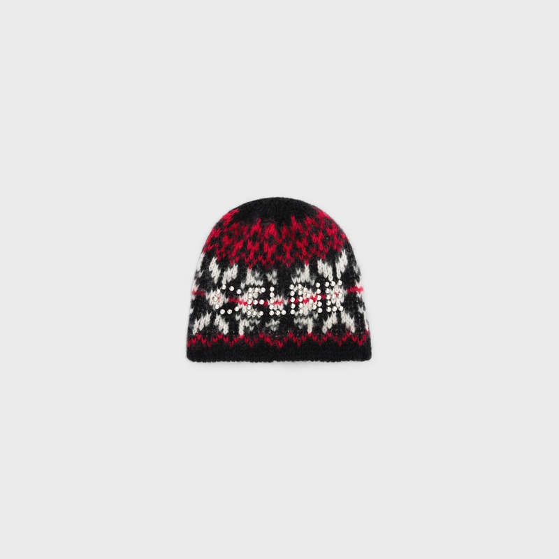 Chapeau Celine Studs Beanie In Snowflakes Laine Noir Rouge Blanche | CL-591719