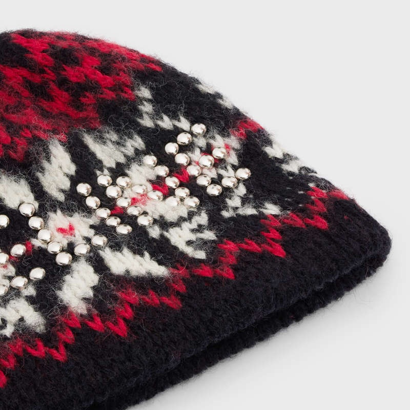 Chapeau Celine Studs Beanie In Snowflakes Laine Noir Rouge Blanche | CL-591719