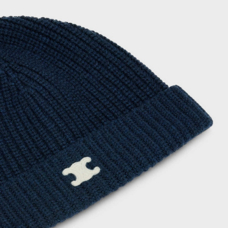 Chapeau Celine Triomphe Embroidered Beanie In Heritage Cashmere Bleu Marine | CL-592371