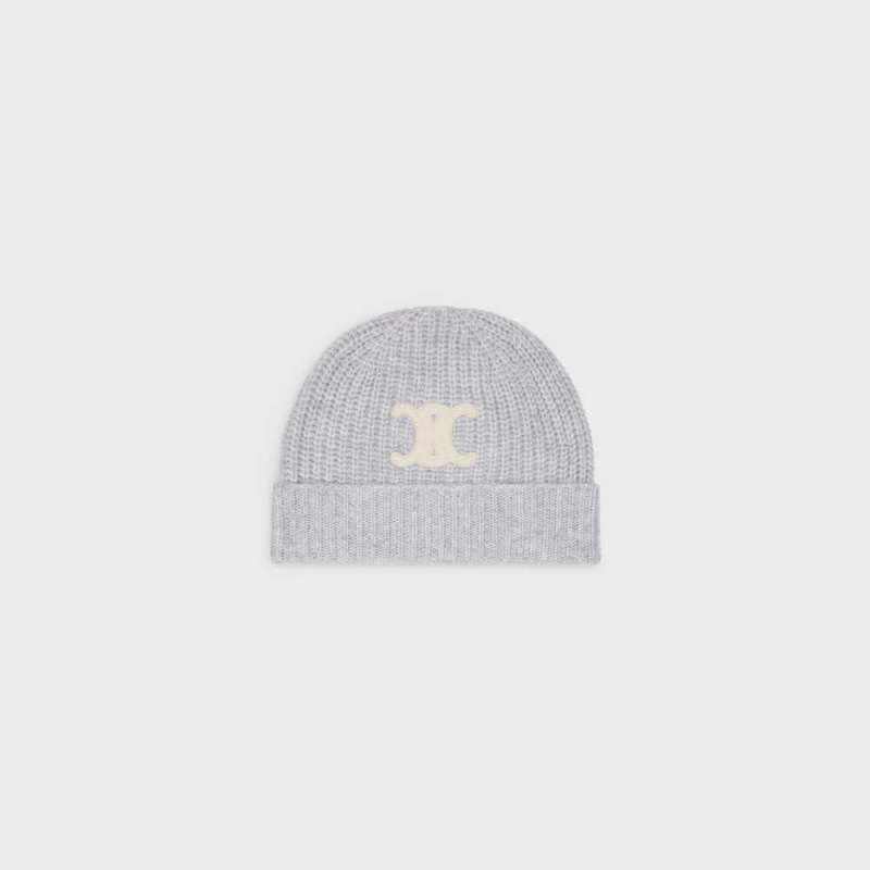 Chapeau Celine Triomphe Embroidered Beanie In Seamless Cashmere Grise Clair | CL-592370