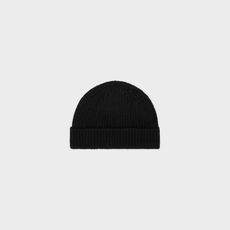 Chapeau Celine Triomphe Embroidered Beanie In Seamless Cashmere Noir | CL-592368